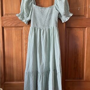 Altar'd State Sage Gingham Smocked Midi Dress